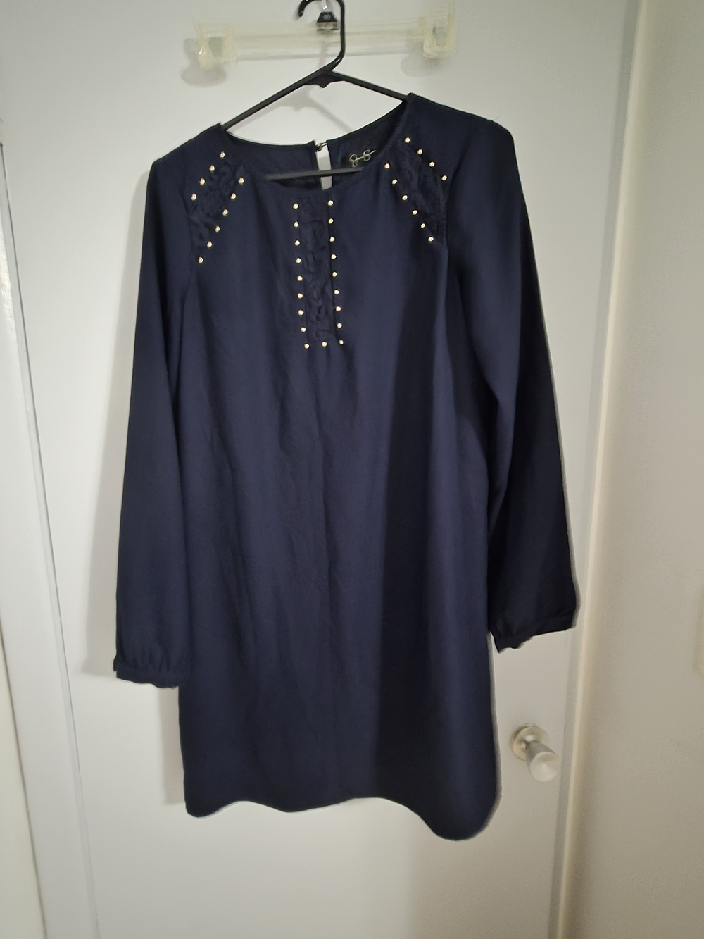 Jessica Simpson Navy Long Sleeve Shift Dress with Gold Stud Detail